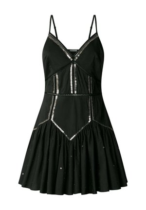 Schwarzes ärmelloses V-Ausschnitt-Kleid mit dünnen Trägern, tailliertem Schnitt und silbernen Paillettenverzierungen, die geometrische Muster bilden.