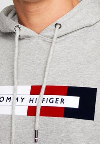 Šedá mikina s kapucí a šňůrkou kolem krku, s horizontálním logem v červené, bílé a námořnické modři přes hruď.