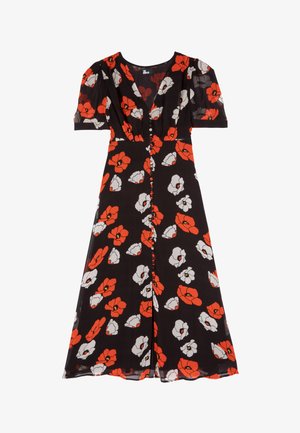 Abito midi nero con motivo floreale di papaveri rossi e bianchi, maniche a palloncino corte, scollatura a V e dettagli con bottoni frontali.