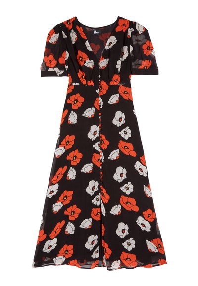 Schwarzes Midikleid mit rotem und weißem Mohnblumenmuster, kurzen Puffärmeln, V-Ausschnitt und Knopfverschluss vorne.