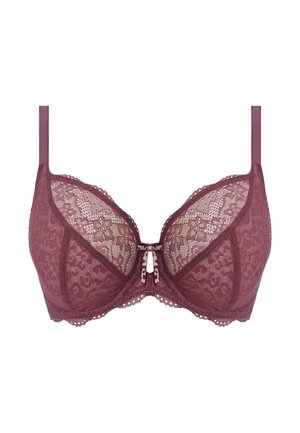 Mauve Spitzen-BH mit Bügel, halbtransparenten Cups und gewelltem Rand. Mit einer dekorativen Schleife in der Mitte und verstellbaren Trägern.