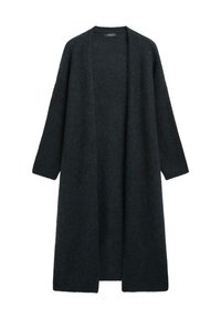 Długi, otwarty kardigan w ciemnoszarym kolorze, wykonany z miękkiej, strukturalnej tkaniny. Posiada długie rękawy i brak zapięć. Prosty, minimalistyczny design.