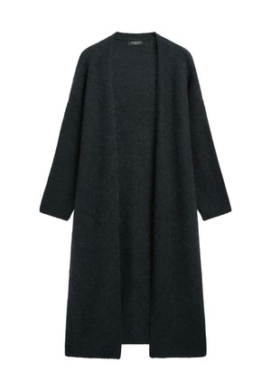 Cardigan long, ouvert à l'avant, en gris foncé, fabriqué en tissu doux et texturé. Il présente des manches longues et aucun système de fermeture. Design simple et minimaliste.