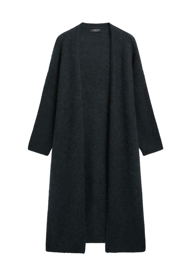 Długi, otwarty kardigan w ciemnoszarym kolorze, wykonany z miękkiej, strukturalnej tkaniny. Posiada długie rękawy i brak zapięć. Prosty, minimalistyczny design.