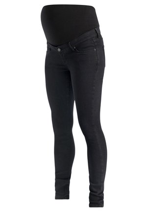 Jean skinny de maternité noir avec une taille haute extensible conçue pour accueillir un ventre de femme enceinte.
