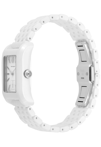 Weißes Armbanduhr mit rechteckigem Gehäuse, transparentem Zifferblatt und flexilem weißen Silikonarmband mit metallischen Akzenten.