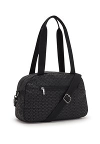 Black nylon bag with a geometric pattern; features dual top handles, a detachable shoulder strap, and a zippered front pocket.