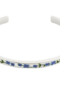 Silver cuff bracelet featuring a floral design with blue flowers and green leaves. Smooth texture; simple, curved shape; no clasp.