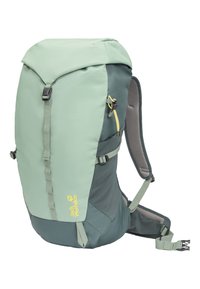 Sac à dos Jack Wolfskin vert clair et gris foncé avec bretelles rembourrées, rabat supérieur et sangles de compression latérales.