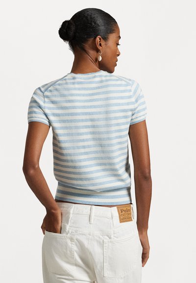 Polo Ralph Lauren STRIPED SHORT SLEEVE SWEATER - Potiskana majica - pond blue heather/deckwash white