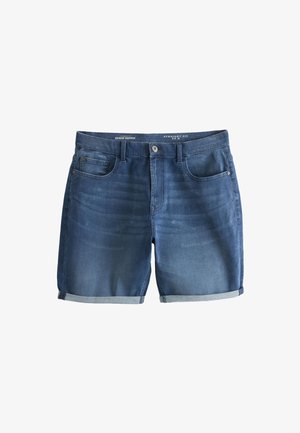 Blaue Denim-Shorts mit geradem Schnitt, vorderem Knopf, aufgerollten Bündchen und fünf Taschen auf weißem Hintergrund.
