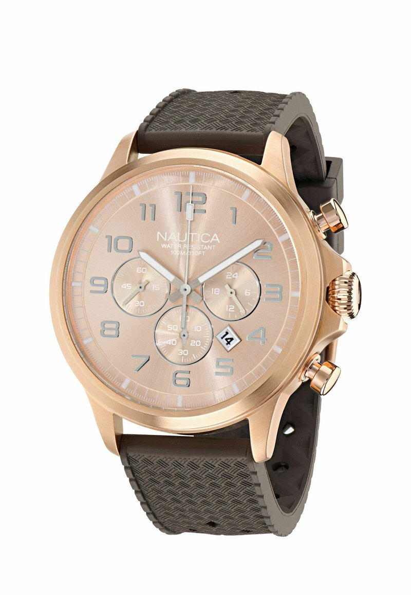 Orologio in oro rosa con cinturino in gomma marrone, dotato di un quadrante rotondo, tre sottodial, grandi numeri e un display della data posizionato alle 6.