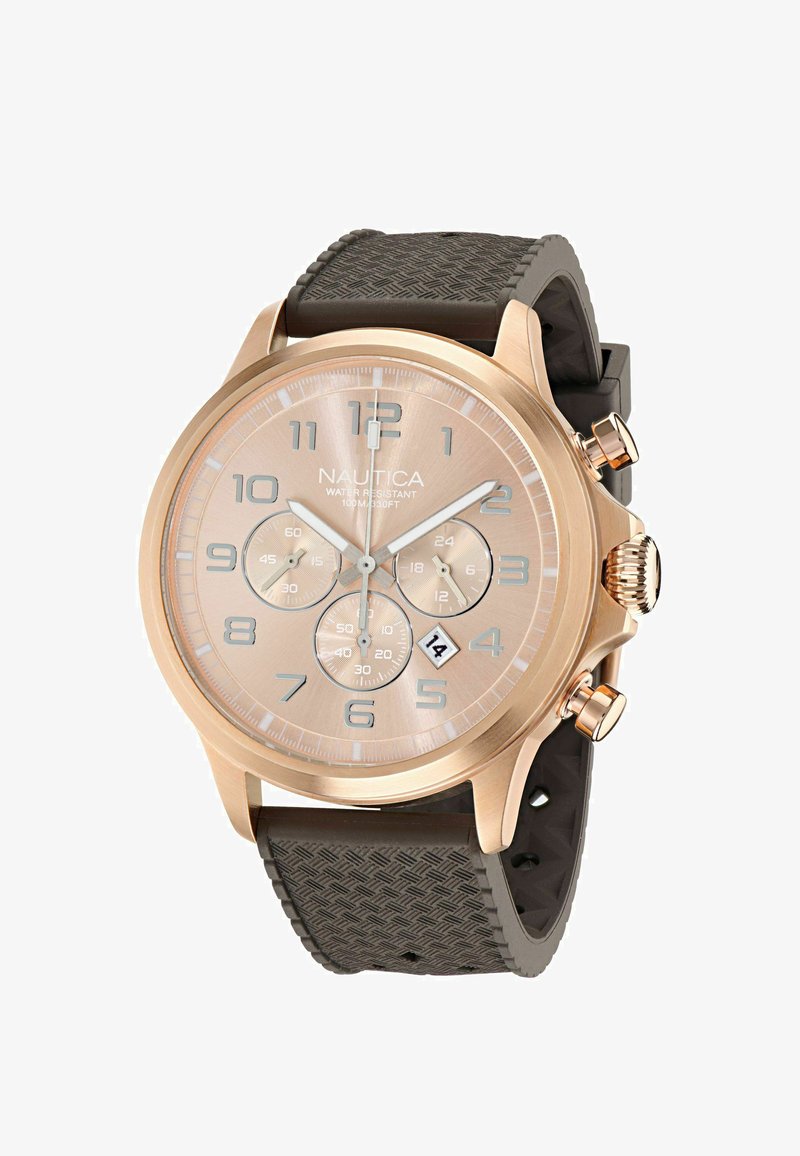 Rožinio aukso laikrodis su rudu guminiu dirželiu, su apvaliu ciferblatu, trimis papildomais skaičiais, dideliais skaičiais ir datos rodymu 6 valandos pozicijoje.