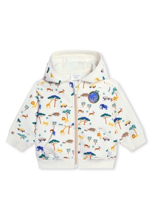 Giacca con cappuccio e zip in tessuto bianco, caratterizzata da colorati motivi di animali e veicoli, con polsini a coste e una tasca anteriore.