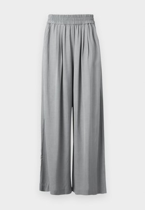 Heledataskad laia säärega püksid, millel on elastne vöökoht ja peened voldid, kujutatud valgel taustal laotatult.