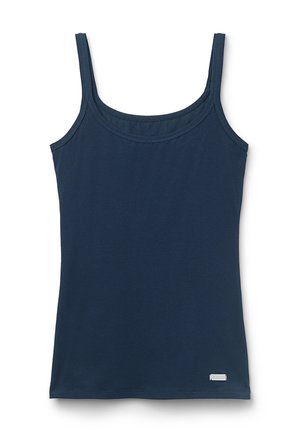Marineblauw tanktop met dunne schouderbanden, ronde halslijn en een zachte textuur. Heeft een klein logo-accent nabij de zoom.