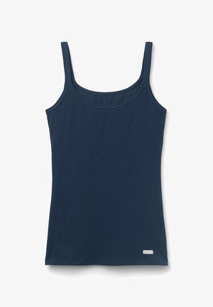 Marineblauw tanktop met dunne schouderbanden, ronde halslijn en een zachte textuur. Heeft een klein logo-accent nabij de zoom.