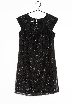 Black sleeveless dress with sequins, round neckline, and keyhole back, hanging on a black hanger against a white background.