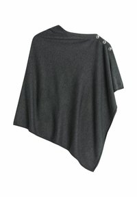 Ciemnoszary poncho wykonane z miękkiego materiału, z lekko drapowanym krojem, nierównym dołem i trzema srebrnymi guzikami na jednym ramieniu.