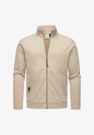 Beige zip-op-jakke med høj krave, blød tekstur og to sidelommer; har et mærkelabel på den venstre lomme.