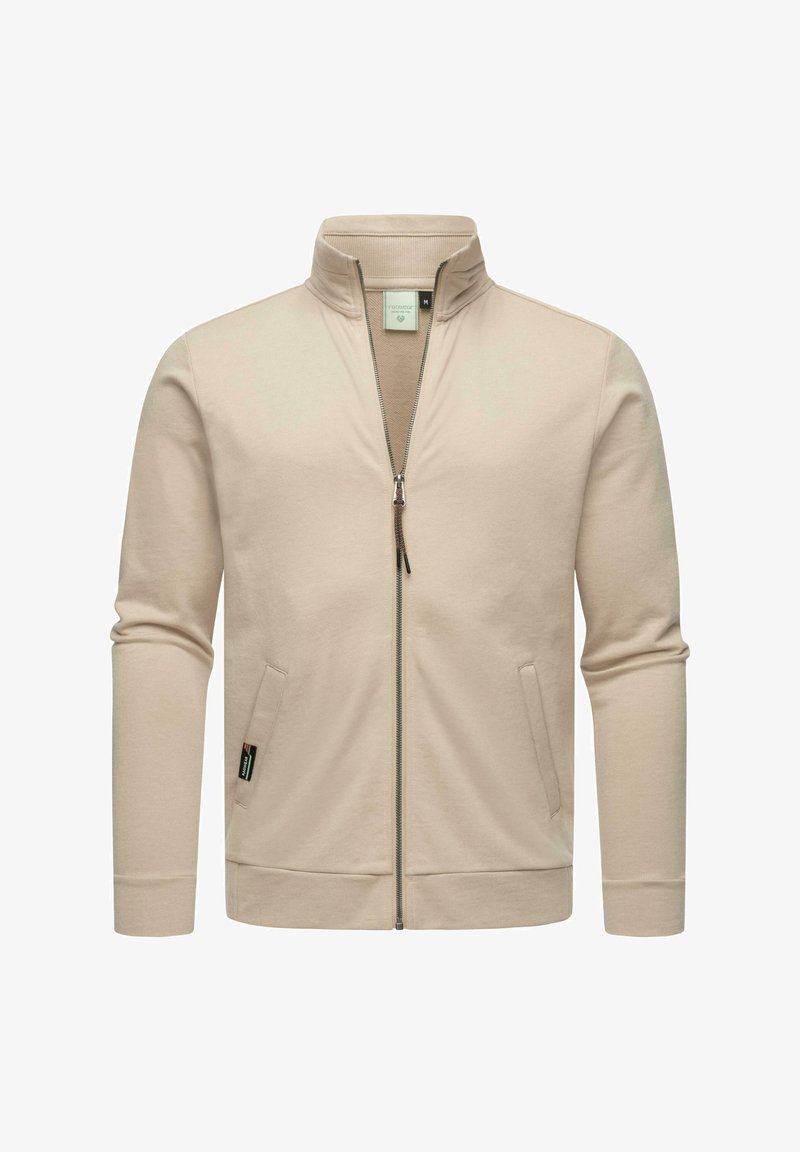 Bežna zip-up jakna s stojčastim ovratnikom, mehko teksturo in dvema stranskima žepoma; ima tudi oznako blagovne znamke na levem žepu.