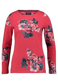 Pitkähihainen korallinvärinen T-paita, jossa on pinkkejä, punaisia ja vihreitä sävyjä sisältävä kukkakuosi. Tässä paidassa on pyöreä pääntie ja pehmeä, tekstuuriainen kangas.