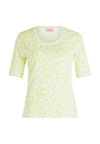 Lys gul kortærmet t-shirt med et leopardmønster, rund udskæring og knapdetaljer på siden. Blød stoftekstur.