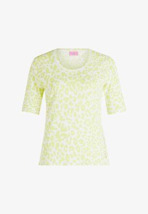 Lichtgele t-shirt met korte mouwen, voorzien van een luipaardprintpatroon, ronde halslijn en knoopdetails aan de zijkant. Zachte stof.