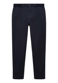 Chinos bleu marine en tissu l éger, avec une coupe droite, des poches latérales, une fermeture à bouton et des détails de coutures minimalistes.
