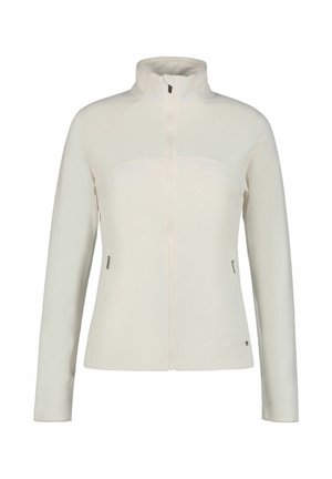 Off-white lange mouw jas met ritssluiting, hoge kraag, gestructureerde stof en ritssluitingen aan de zijkanten, getoond tegen een witte achtergrond.