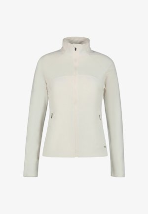 Off-white langärmlige Jacke mit Reißverschluss, hohem Kragen, strukturiertem Stoff und Reißverschlusstaschen an den Seiten, vor weißem Hintergrund gezeigt.