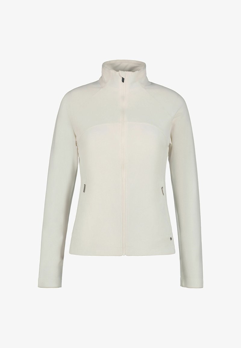 Chaqueta larga de manga larga color marfil con cremallera, cuello alto, tejido texturizado y bolsillos laterales con cremallera, mostrada sobre un fondo blanco.