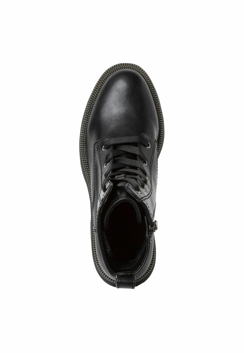 Stivaletti neri in pelle, con punta rotonda, design stringato, cuciture a contrasto e suola testurizzata. Presentano una zip laterale per un'indossabilità facile.