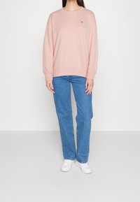 Sudadera rosa claro de manga larga con dobladillo acanalado, combinada con jeans azul de corte relajado y zapatillas blancas. Detalle sutil del logo en el pecho.