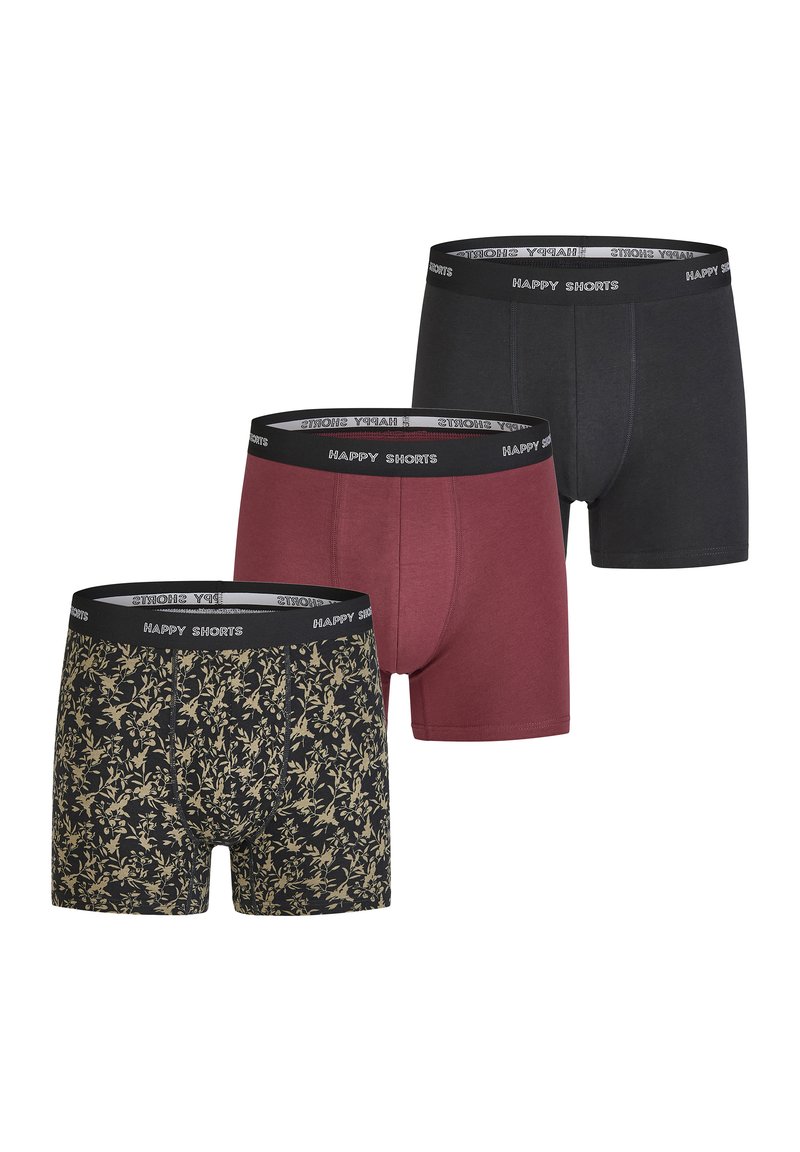 Drie paar boxers: één effen zwart, één effen bordeauxrood en één met een bloemenpatroon op een zwarte achtergrond; elastische "HAPPY SHORTS" tailleband.