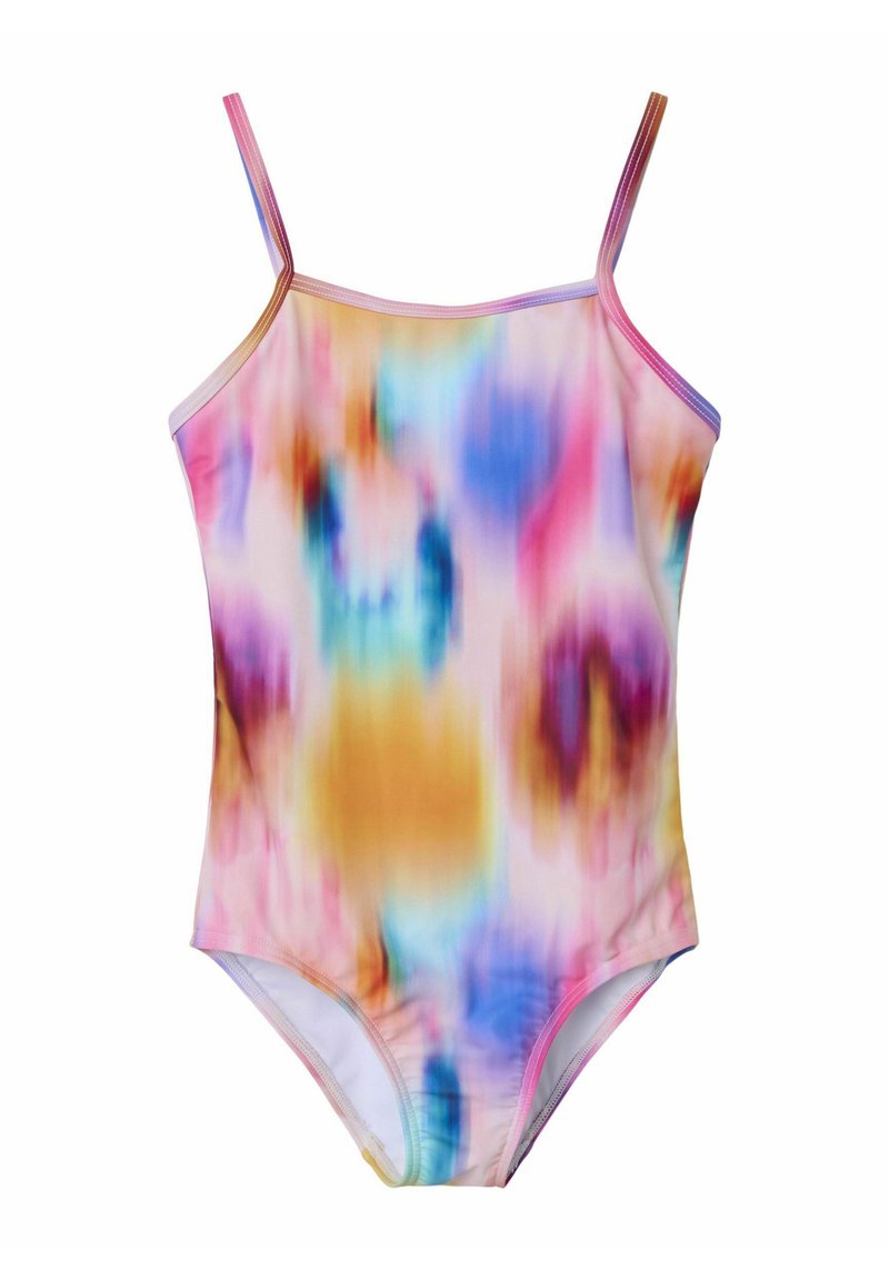 Én-delt badedragt med et multikolor watercolor mønster i nuancer af pink, blå og gul. Justerbare spaghetti-stropper. Glat stof.