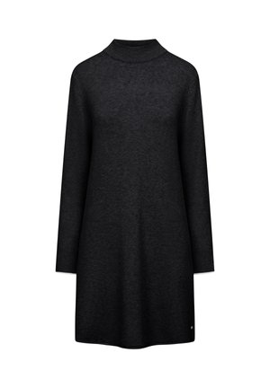 Zwart gebreid jurk met een hoge halslijn en lange mouwen, met een ontspannen silhouet en subtiele textuur. Kleine logo-detail aan de zoom.