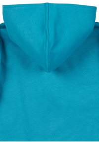 Felpa turchese con una texture morbida, cappuccio arrotondato e un design semplice, principalmente vista da dietro.