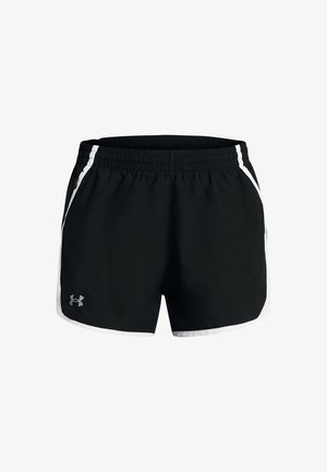 Black athletic shorts with white side accents, elastic waistband, and logo on the lower left side. Made from lightweight, breathable material.
