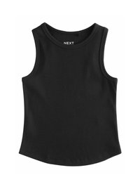 Débardeur noir côtelé avec un col rond et de larges emmanchures, fabriqué en tissu extensible. L'ourlet inférieur est légèrement incurvé.