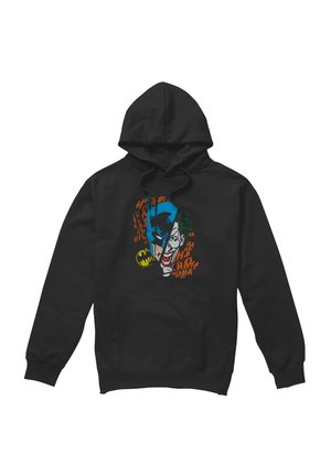 Black hoodie featuring a graphic split face of Batman and Joker with "HA HA HA" text in orange and a small yellow Batman logo.