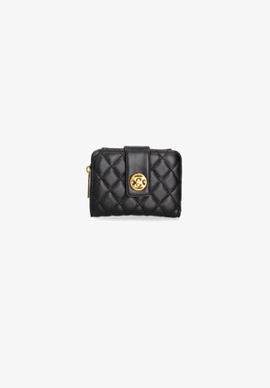 Black quilted wallet made of leather, featuring a magnetic snap closure and a gold-tone logo accent. Compact rectangular shape with zipper detail.
