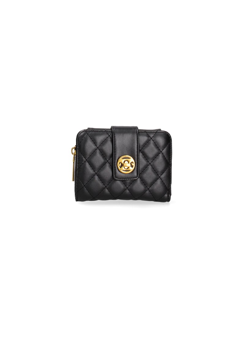 Portafoglio trapuntato nero in pelle, dotato di chiusura a scatto magnetico e di un accento del logo in tonalità oro. Forma rettangolare compatta con dettagli in zip.