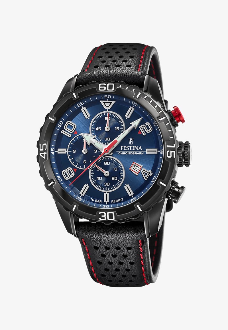 Festina kronografske ure s črnim ohišjem iz nerjavnega jekla, temno modrim številčnikom, tremi malimi številčniki, rdečimi poudarki in črnim usnjenim paščkom z perforacijami.