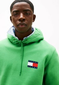 Grüne Kapuzenjacke mit Kordeln, versehen mit einem marineblauen, weißen und roten Tommy Jeans Logo-Patch auf der Brust. Strukturierter Stoff, kombiniert mit einem blauen karierten Hemd.