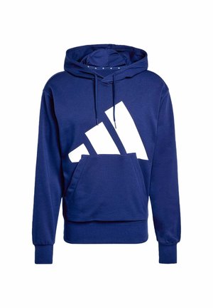 Navy blue hoodie with a large white geometric design, featuring a front pocket, drawstring hood, and ribbed cuffs and hem.