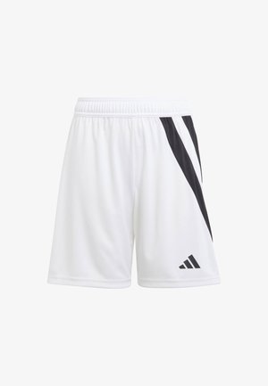 Valkoiset urheilushortsit, joissa on musta vino raita, joustava vyötärö ja musta Adidas-logo oikeassa alakulmassa.