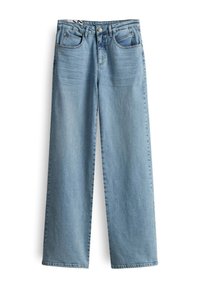 Light blue wide-leg jeans made of denim, featuring five pockets, zipper fly, and a button closure at the waistband.