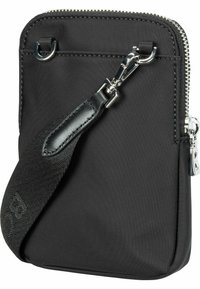 Black nylon crossbody bag with a textured finish, zip closure, and detachable strap. Features silver-toned hardware and two D-ring accents.