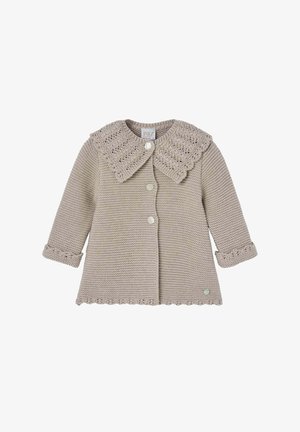 Cardigan beige tricoté avec un col festonné, trois boutons et des poignets roulés. Présente une couture décorative le long des bords.